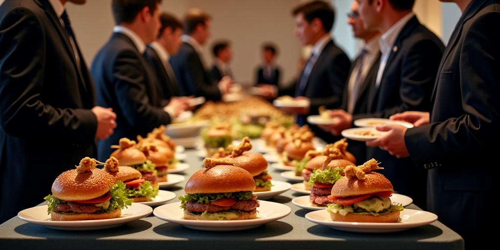 企業イベントでヤマトバーガーのケータリングテーブル、フォーマルな雰囲気