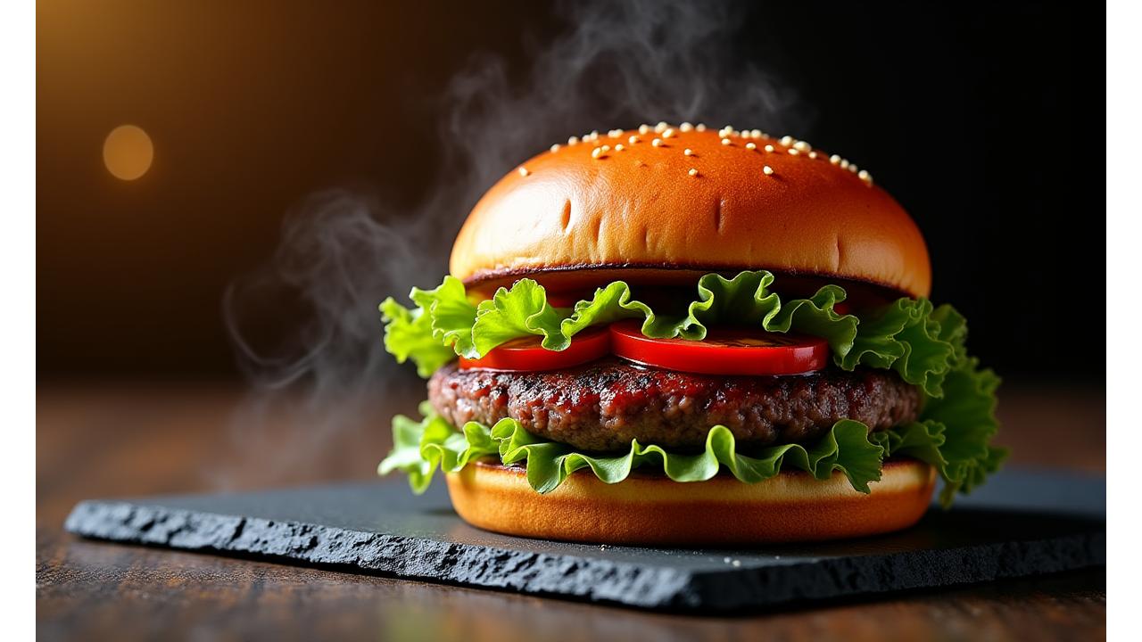 Yamata Burgerのこだわりの和牛パティと新鮮な野菜が美しく盛り付けられたプレミアムバーガー